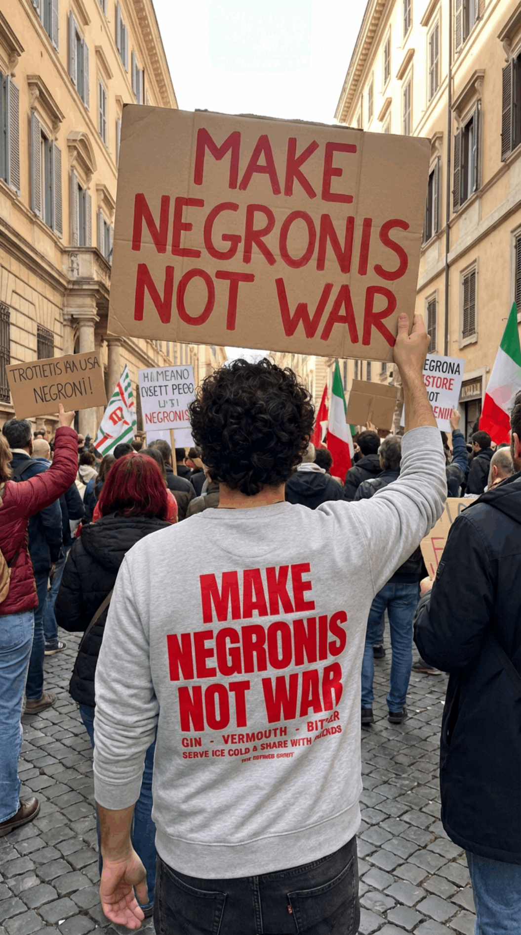 Person holding a protest sign and wearing a shirt with similar text, in an urban setting.