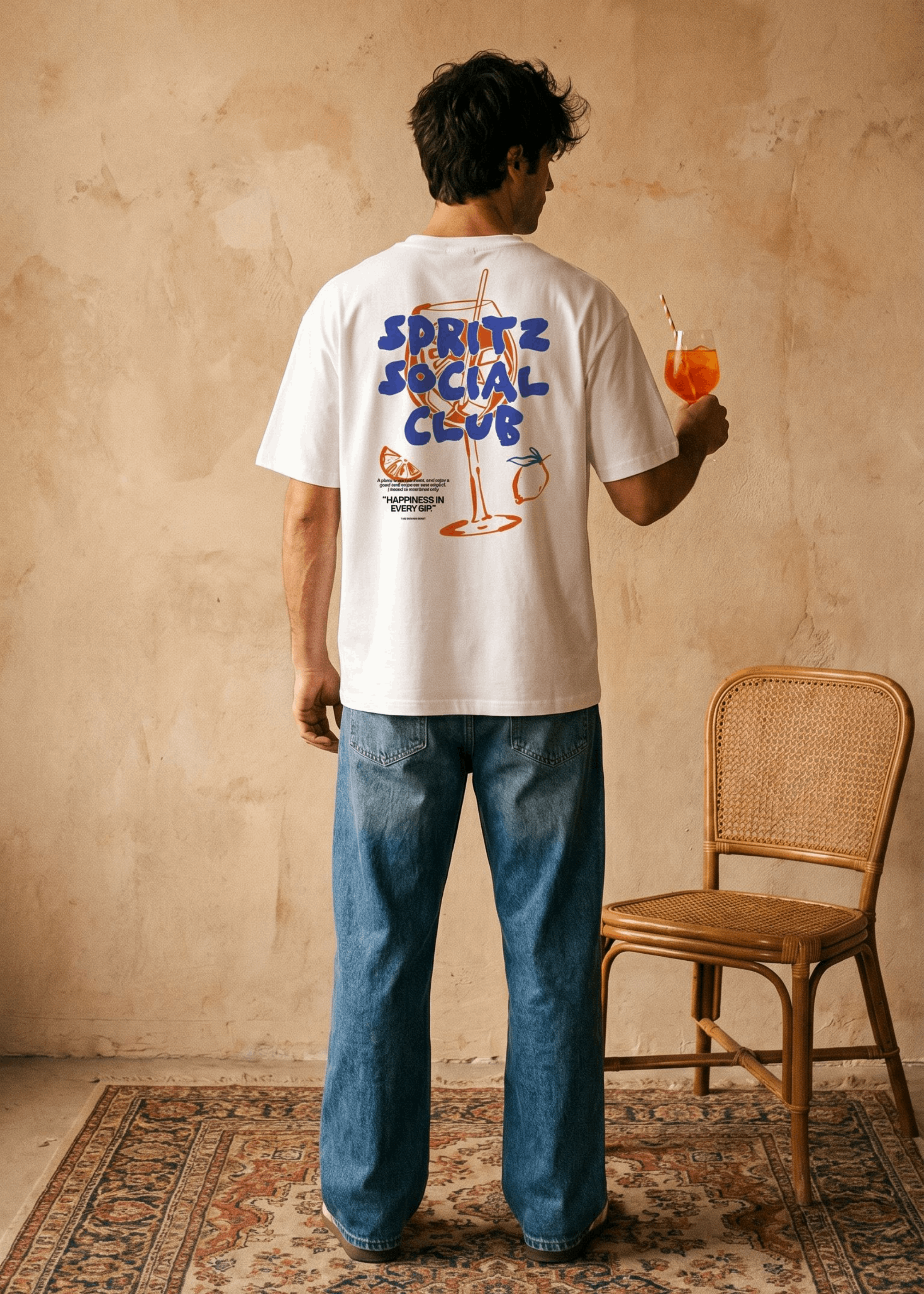 Person wearing a 'Spritze Social Club' t-shirt holding a drink in a room with a chair and patterned rug.