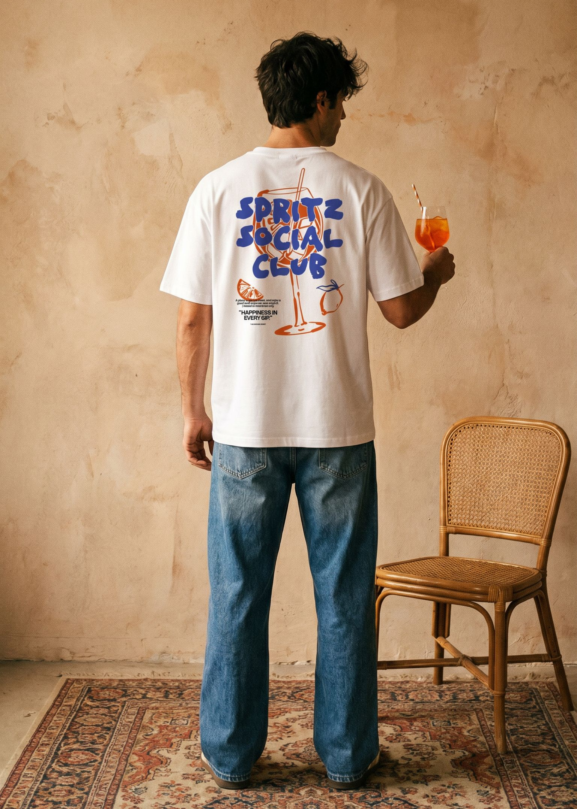 Person wearing a 'Spritze Social Club' t-shirt holding a drink in a room with a chair and patterned rug.
