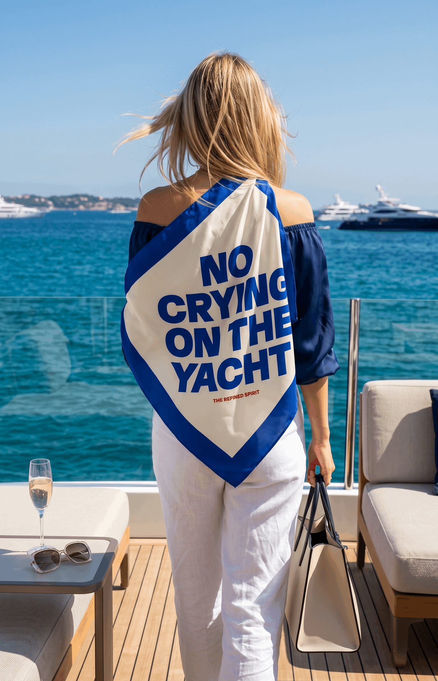 Woman on a yacht deck with a 'No Crying on the Yacht' towel