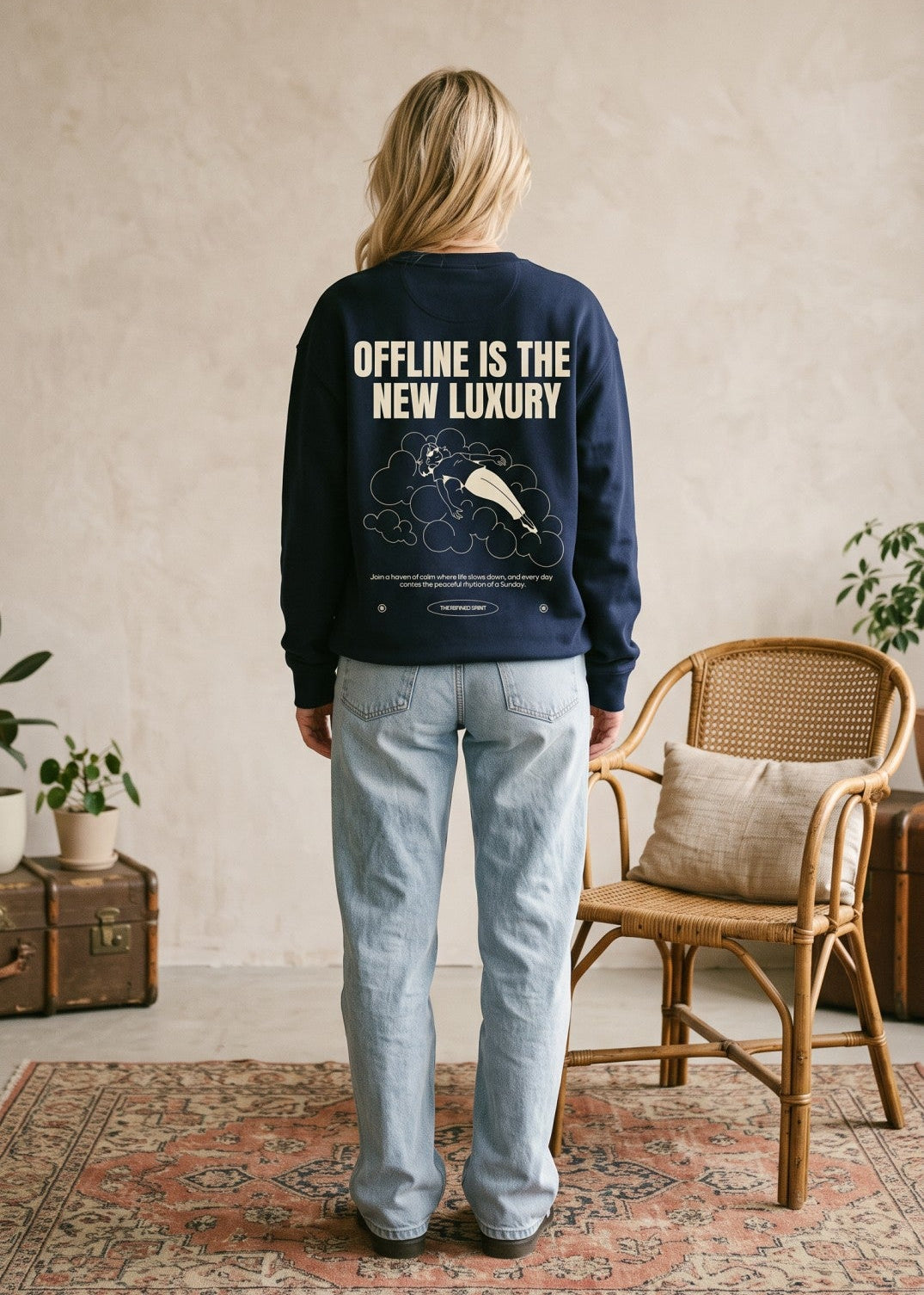 A woman stands with her back to the camera wearing a navy blue sweatshirt with a large graphic and text on the back, paired with light-wash jeans in a styled indoor room with a chair and rug.