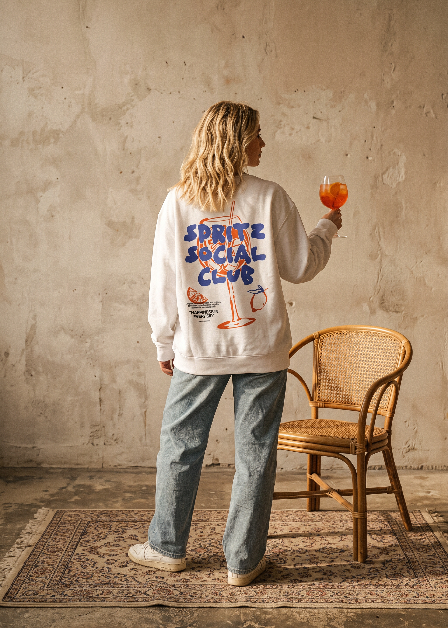 A woman stands with her back to the camera wearing a white sweatshirt with a colorful graphic on the back that reads 'SPRITZ THE SOCIAL CLUB'. She is holding an orange drink and standing next to a wooden chair in a rustic room with a concrete wall.