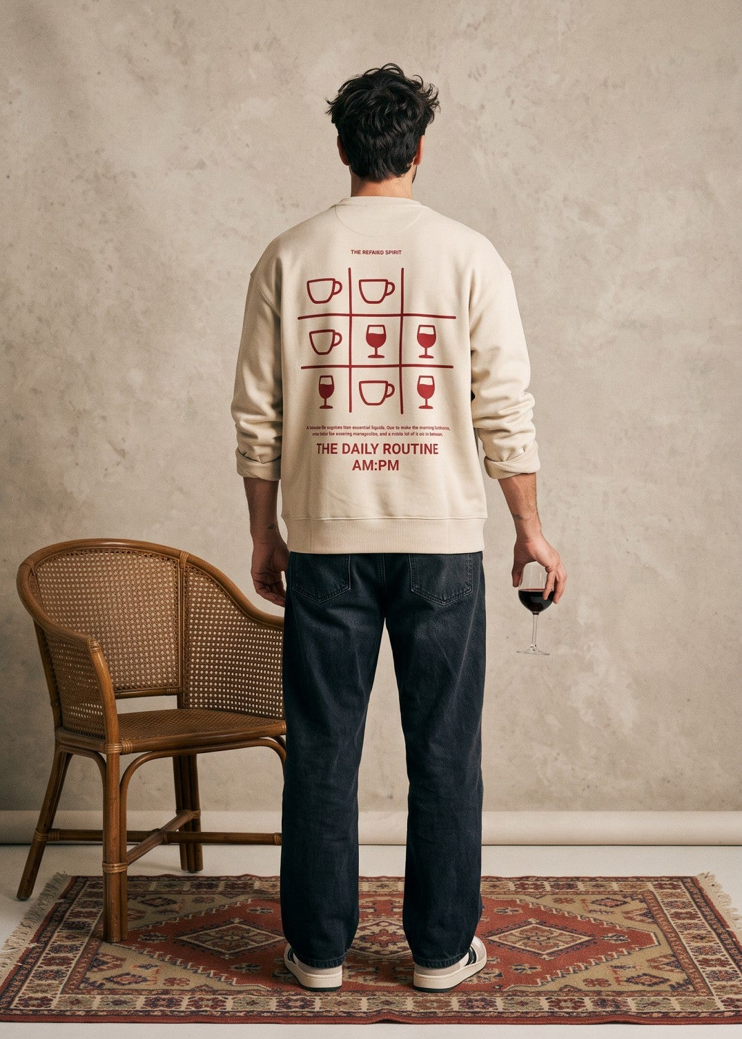 A man stands with his back to the camera wearing a cream-colored crewneck sweatshirt with a red graphic print on the back, paired with dark blue jeans. He is standing on a patterned rug in front of a textured beige wall next to a wooden chair.