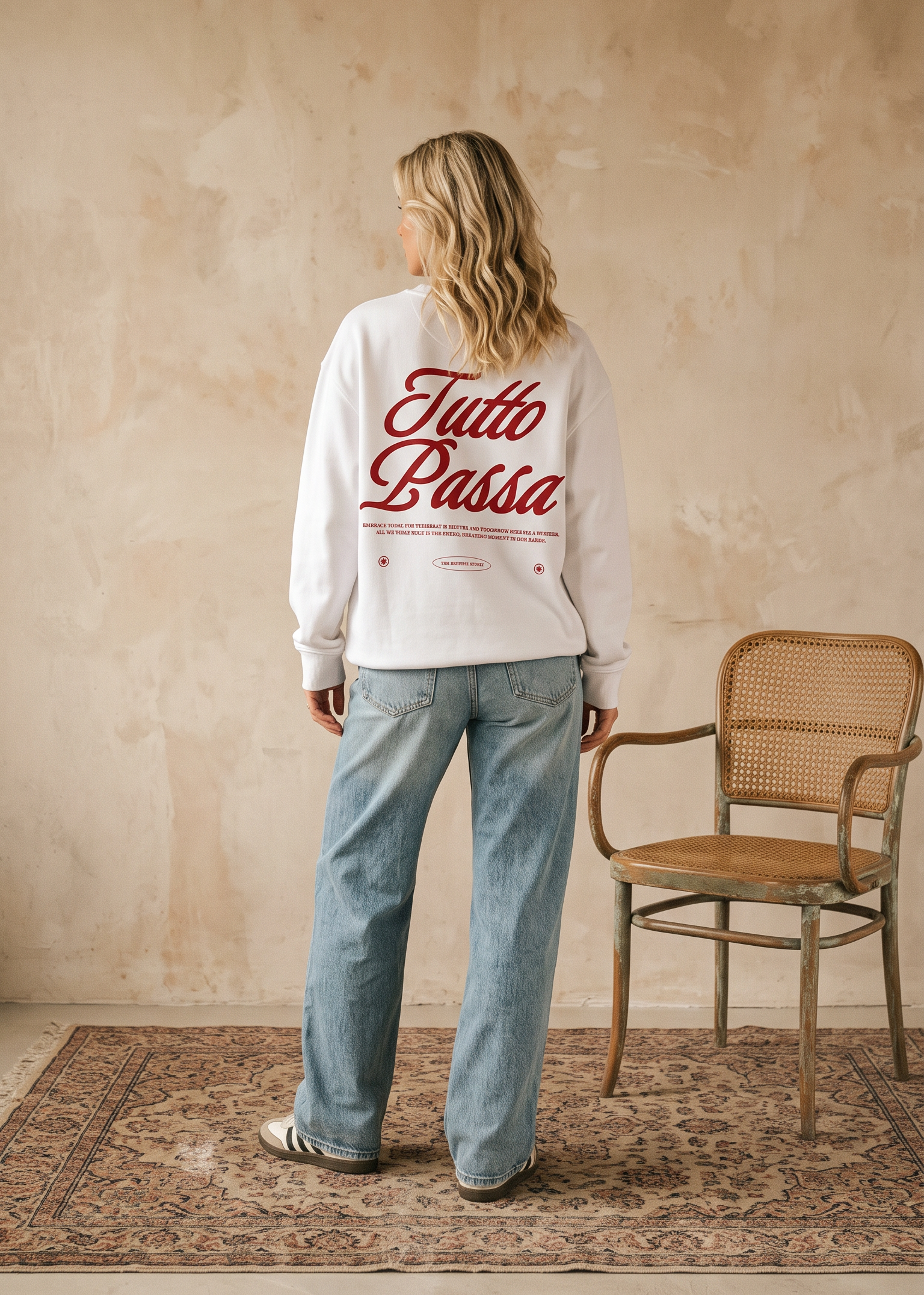 A woman stands with her back to the camera wearing a white sweatshirt with red 'Tutto Passa' text on the back, paired with light blue jeans, in a rustic room with a textured beige wall and a wooden chair.