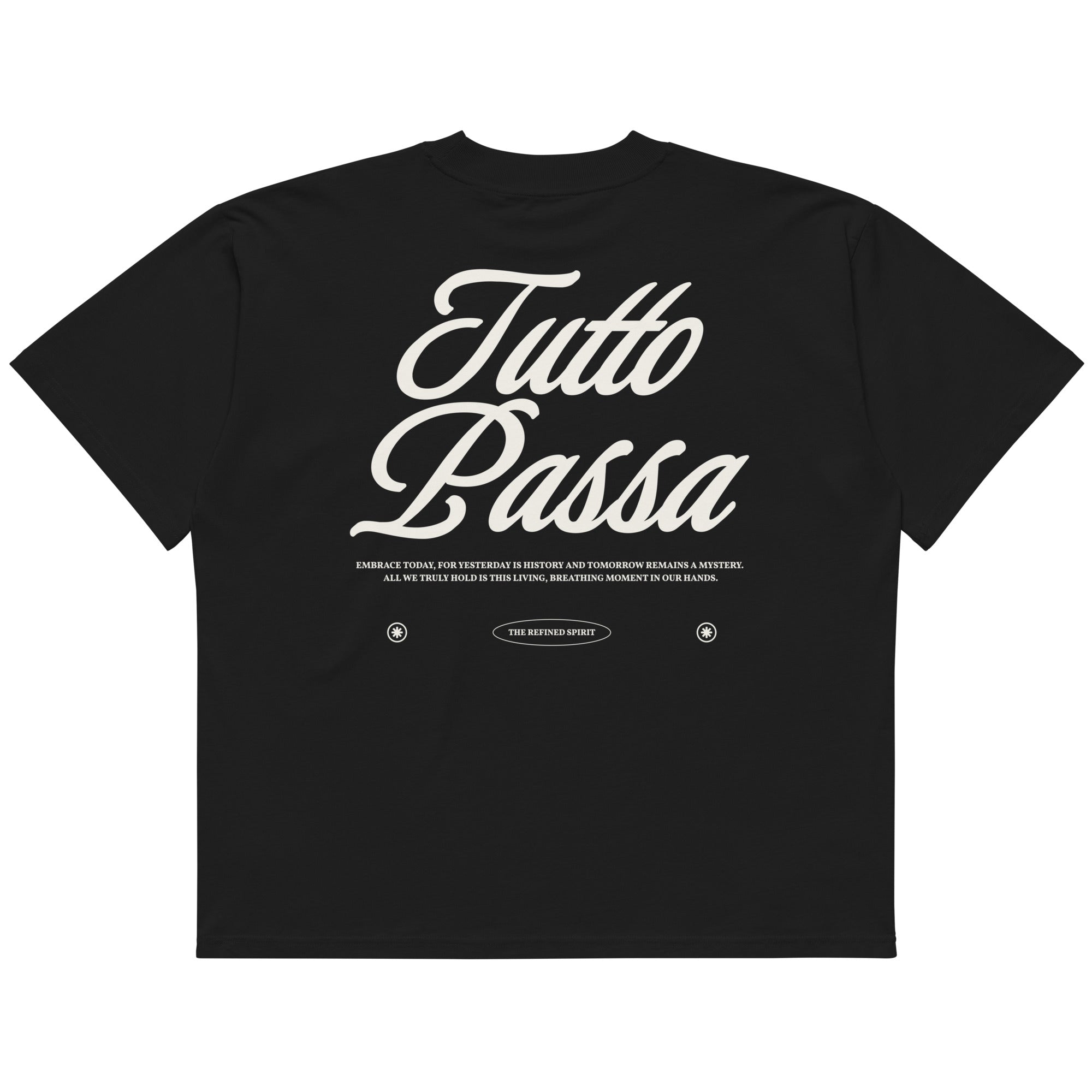 Navy blue t-shirt with 'Tutto Bassa' text in white on a white background