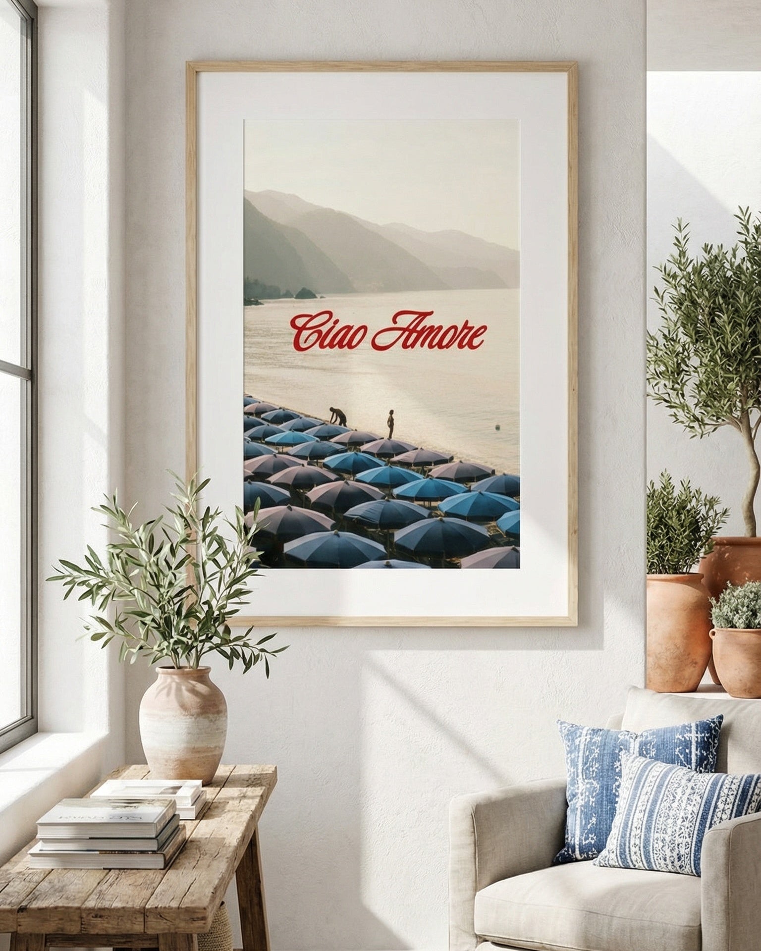 Framed artwork with 'Ciao Amore' text in a living room setting.