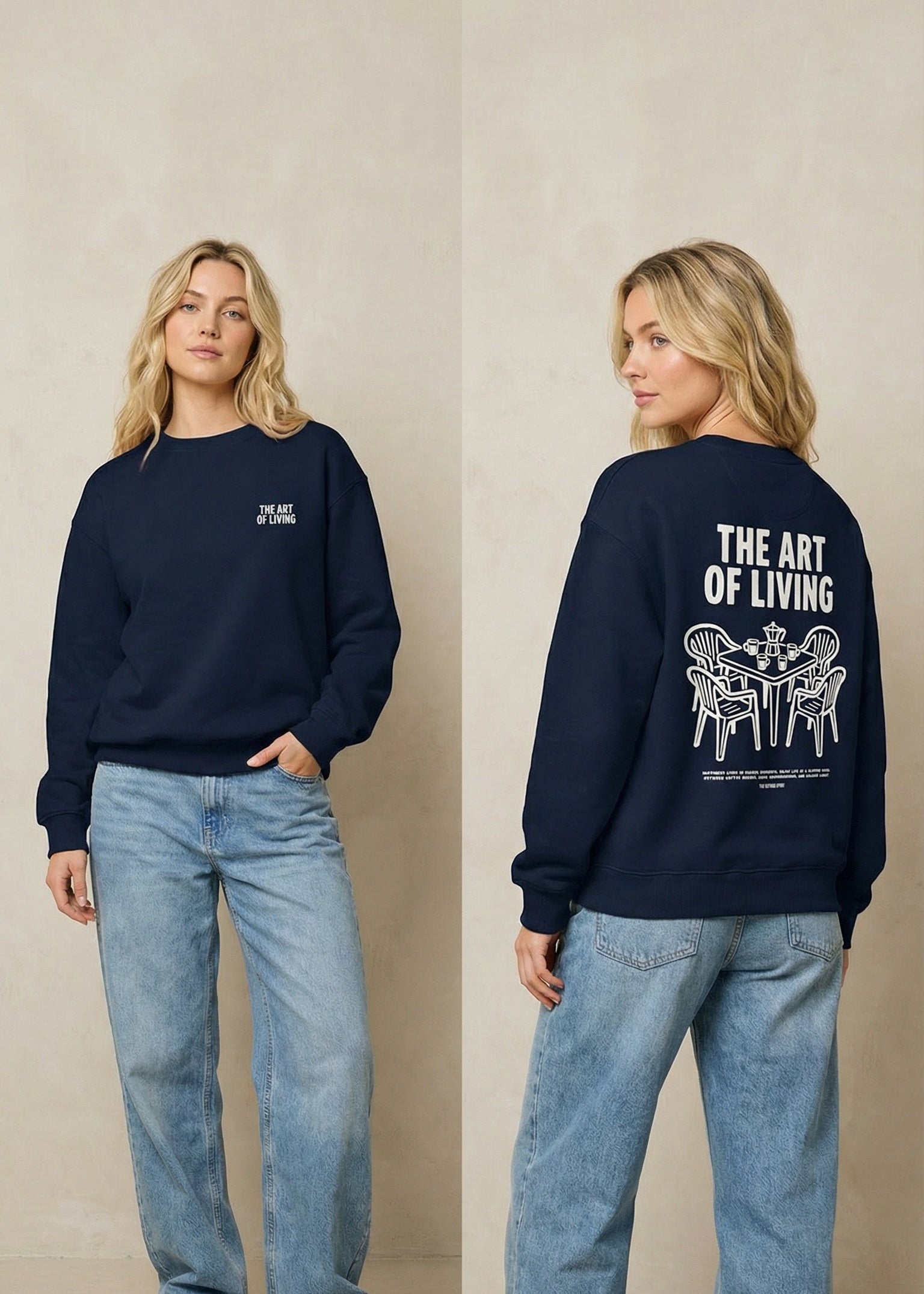 A model is shown in a split front and back view wearing a navy blue crewneck sweatshirt with white graphics, paired with light-wash jeans and white sneakers, against a neutral beige background.