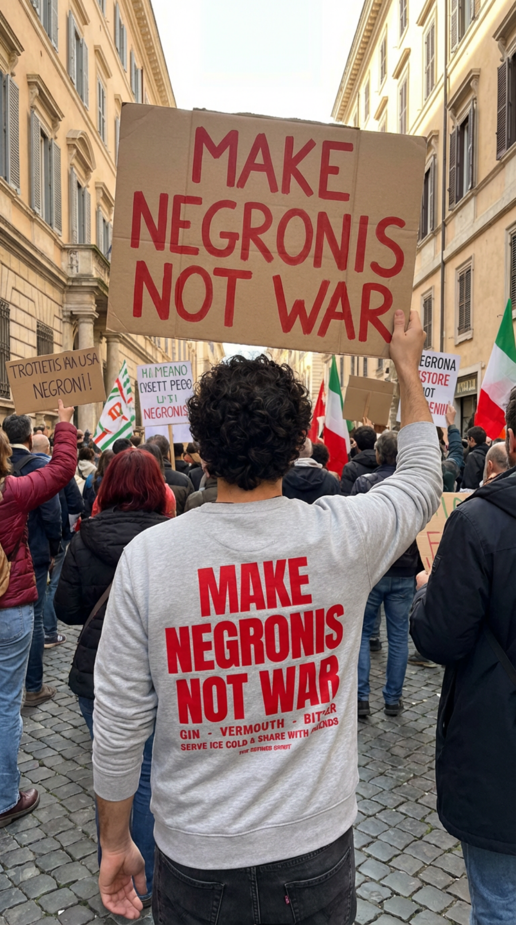 Person holding a protest sign and wearing a shirt with similar text, in an urban setting.