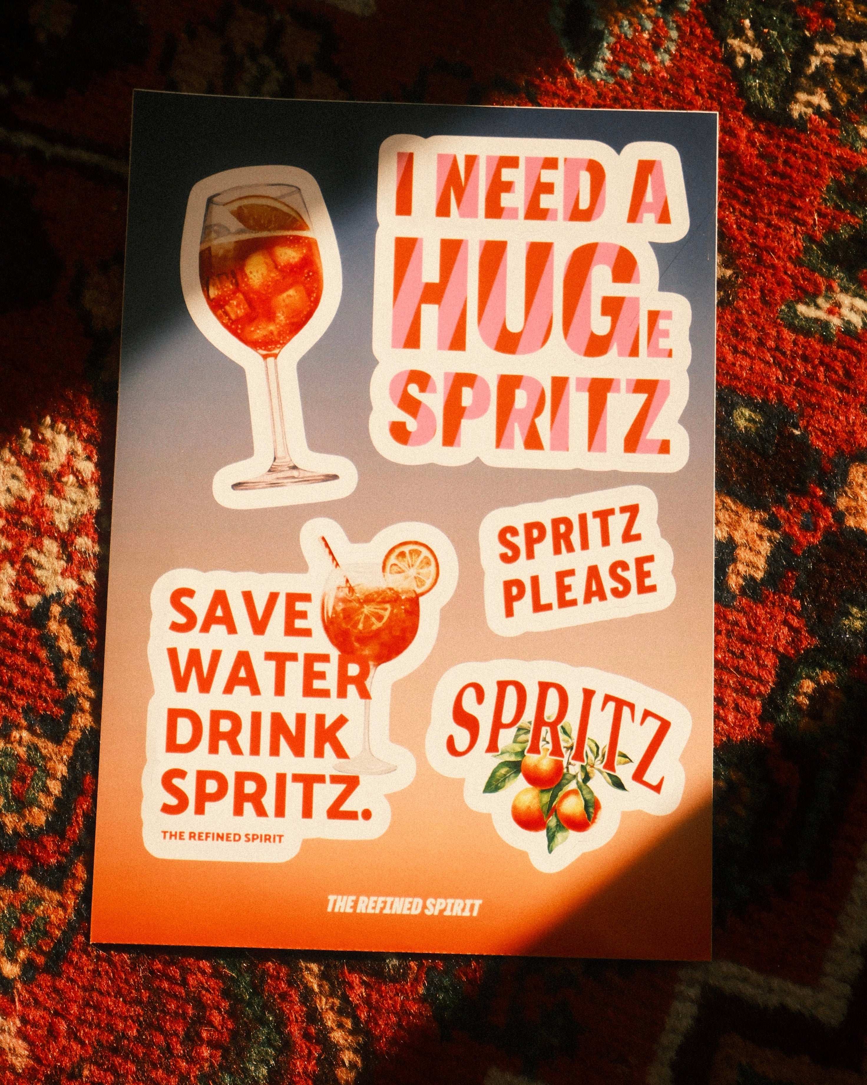 Poster with spritz-themed text and graphics on a textured surface