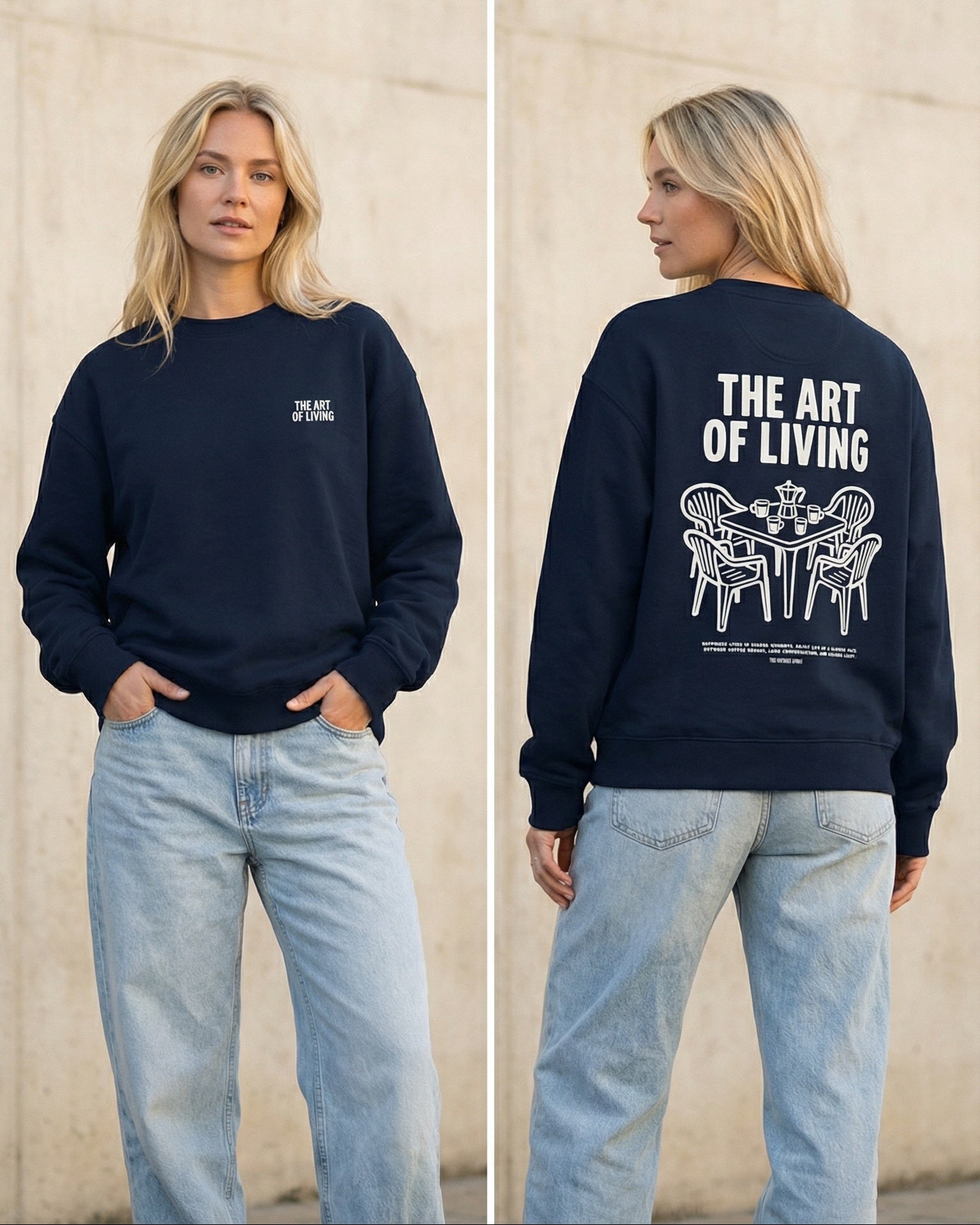 Woman wearing a navy sweatshirt with text and graphics, standing against a light-colored wall.