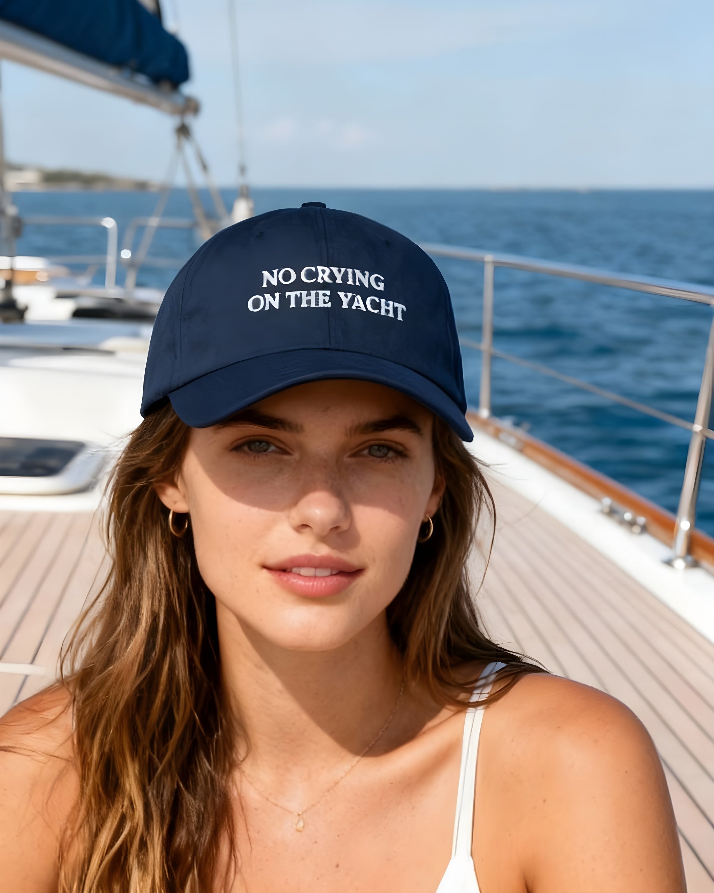 Woman wearing a navy cap with 'No Crying on the Yacht' text on a sailboat.