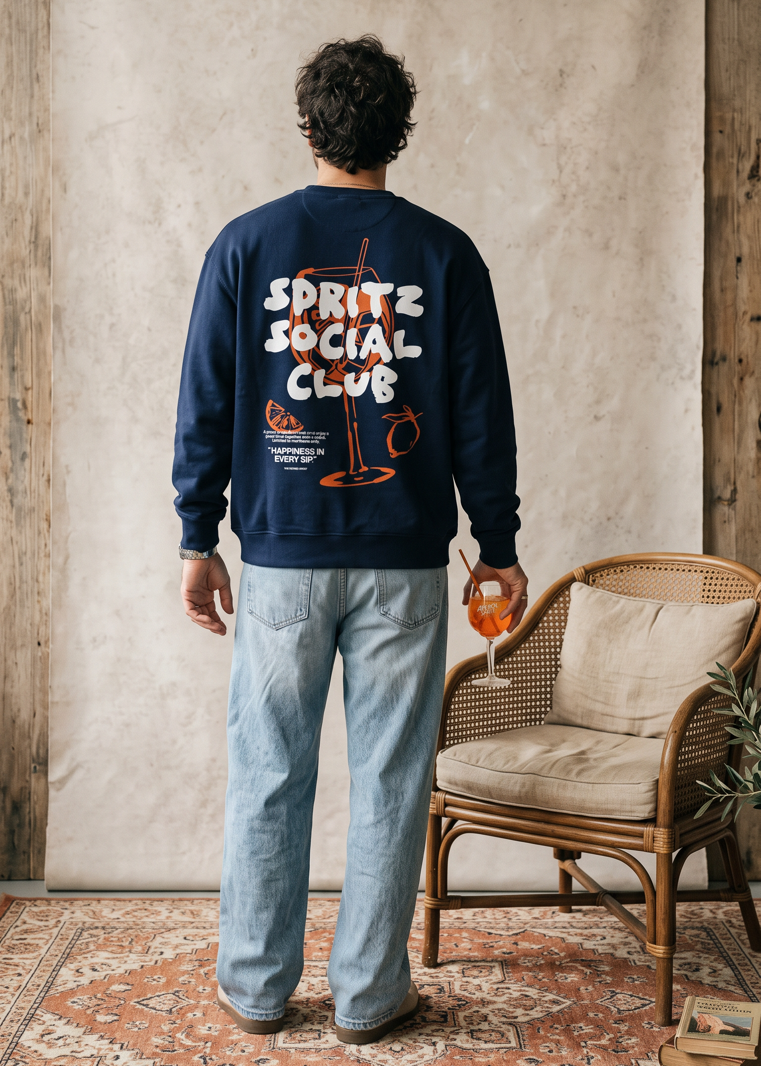 A man stands with his back to the camera wearing a navy blue sweatshirt with a large white and orange graphic reading 'SPRINT SOCIAL CLUB' on the back, paired with light blue jeans in a rustic indoor setting with a textured wall and a wicker chair.