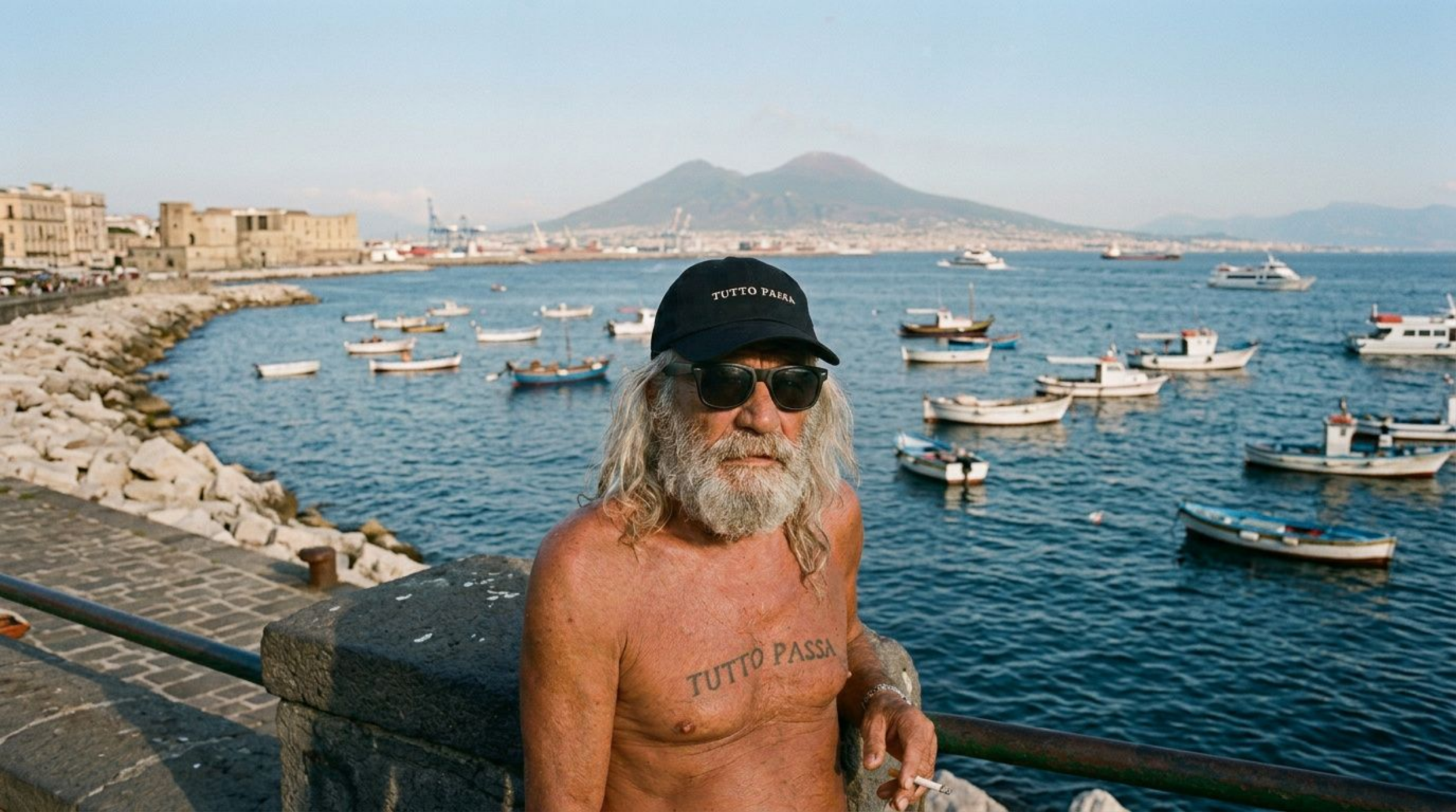 A shirtless man with a long white beard, wearing a black cap that reads 'FOTO PAESI' and black sunglasses, sitting by a harbor with boats and a mountain in the background. A tattoo on his chest reads 'TUTTO PASSA'.