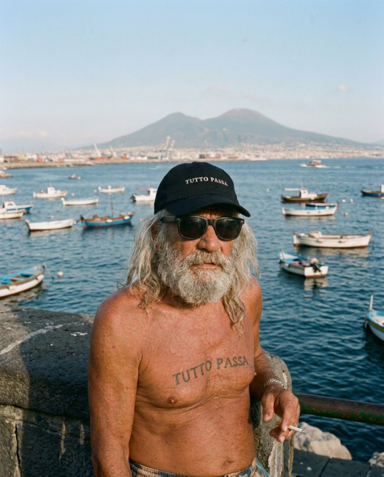 A shirtless man with a long gray beard and sunglasses stands on a harbor ledge with Vesuvius in the background. He wears a black cap and sunglasses, and the words 'TUTTO PASSA' are visible on his chest and on the cap.